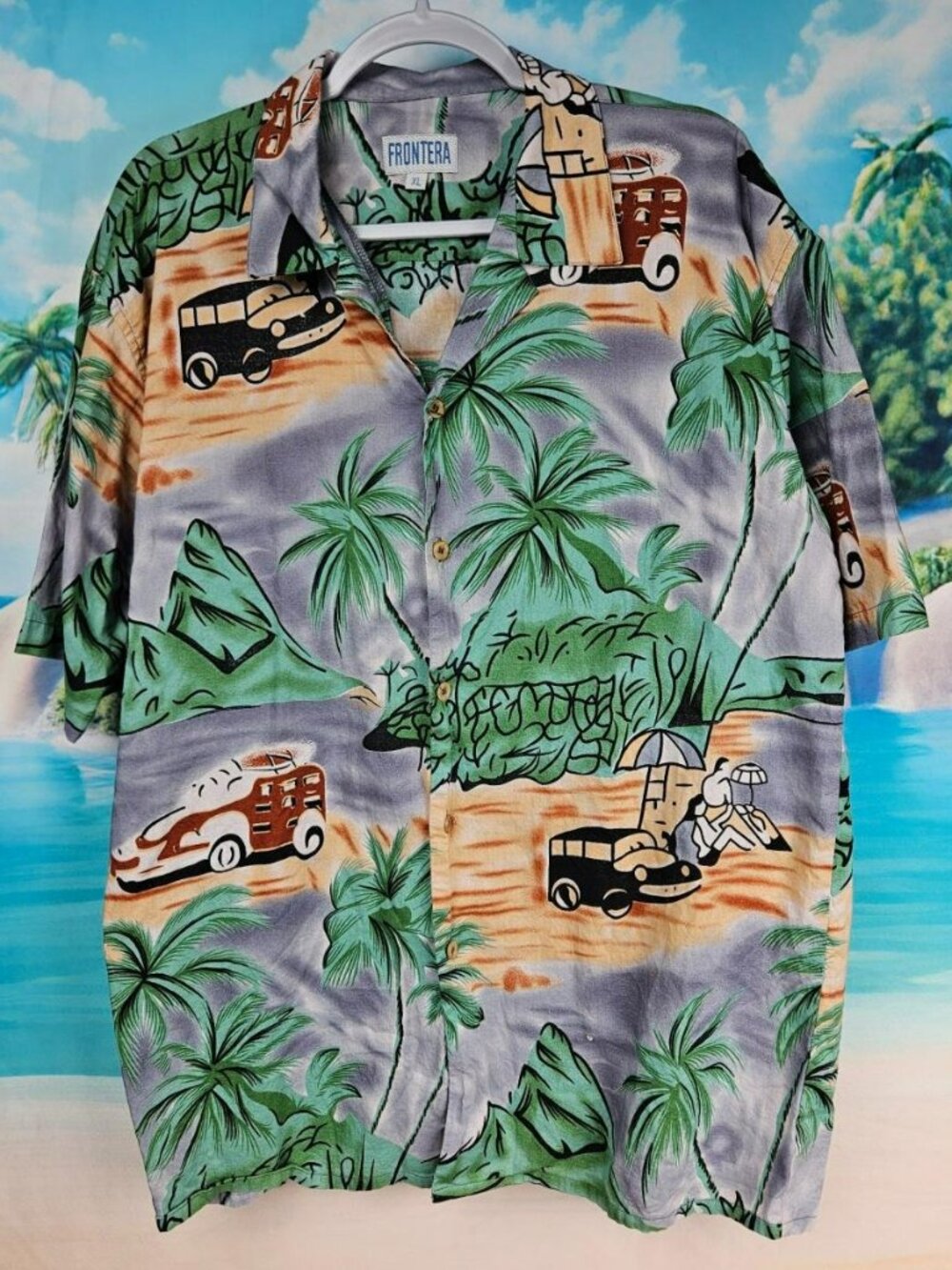 Frontera Mens XL Vintage Style Hawaiian Shirt 100% Cotton Classic Cars Leaves